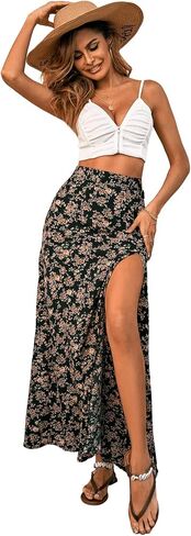 Verdusa Women's Sexy Boho Floral Split Thigh Zipper High Waist Swing Midi Skirt Black Flower XL in Saudi Arabia