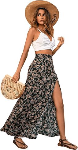 Verdusa Women's Sexy Boho Floral Split Thigh Zipper High Waist Swing Midi Skirt Black Flower XL in Saudi Arabia
