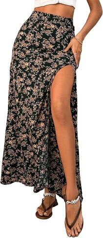 Verdusa Women's Sexy Boho Floral Split Thigh Zipper High Waist Swing Midi Skirt Black Flower XL in Saudi Arabia