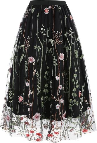 تنورة نسائية متوسطة الطول ذات طبقات من التول، تنانير على شكل حرف A مطرزة/طباعة زهور، خصر مطاطي in Kuwait