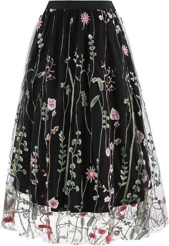 تنورة نسائية متوسطة الطول ذات طبقات من التول، تنانير على شكل حرف A مطرزة/طباعة زهور، خصر مطاطي in Kuwait