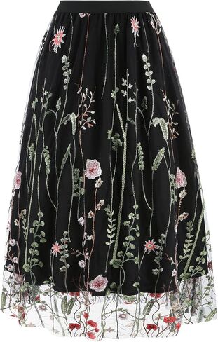 تنورة نسائية متوسطة الطول ذات طبقات من التول، تنانير على شكل حرف A مطرزة/طباعة زهور، خصر مطاطي in Kuwait