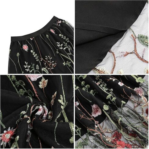 تنورة نسائية متوسطة الطول ذات طبقات من التول، تنانير على شكل حرف A مطرزة/طباعة زهور، خصر مطاطي in Kuwait