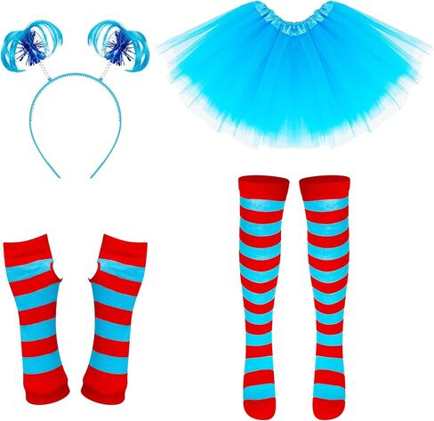 مجموعة أزياء QZYL مكونة من 4 قطع، تنورة توتو من التول الأزرق وأربطة رأس على شكل ذيل حصان وقفازات مخططة باللون الأزرق والأحمر وجوارب عالية للركبة للفتيات التنكرية in Kuwait