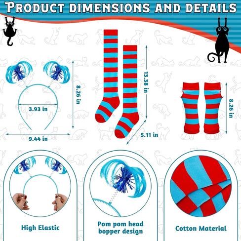مجموعة أزياء QZYL مكونة من 4 قطع، تنورة توتو من التول الأزرق وأربطة رأس على شكل ذيل حصان وقفازات مخططة باللون الأزرق والأحمر وجوارب عالية للركبة للفتيات التنكرية in Kuwait