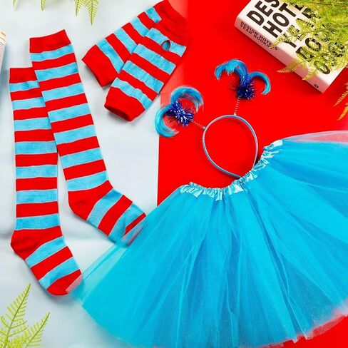 مجموعة أزياء QZYL مكونة من 4 قطع، تنورة توتو من التول الأزرق وأربطة رأس على شكل ذيل حصان وقفازات مخططة باللون الأزرق والأحمر وجوارب عالية للركبة للفتيات التنكرية in Kuwait