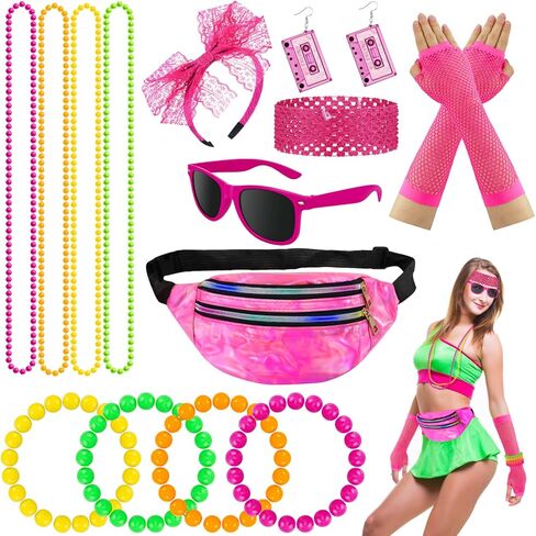 أزياء Hysagtek 80s للنساء، 16 قطعة من إكسسوارات 80s، أقراط ريترو 80s عقال سوار قلادة شبكة صيد السمك قفازات نظارات حقيبة ليزر in Kuwait