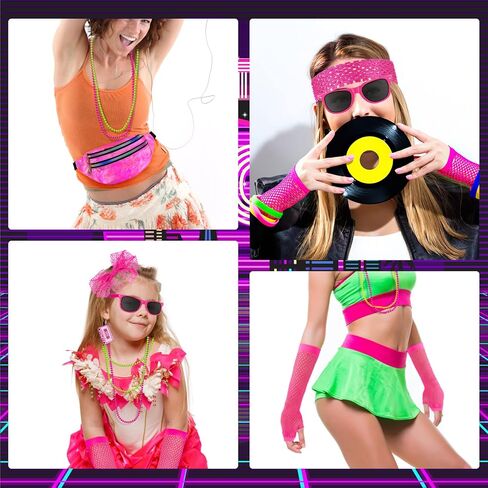 أزياء Hysagtek 80s للنساء، 16 قطعة من إكسسوارات 80s، أقراط ريترو 80s عقال سوار قلادة شبكة صيد السمك قفازات نظارات حقيبة ليزر in Kuwait