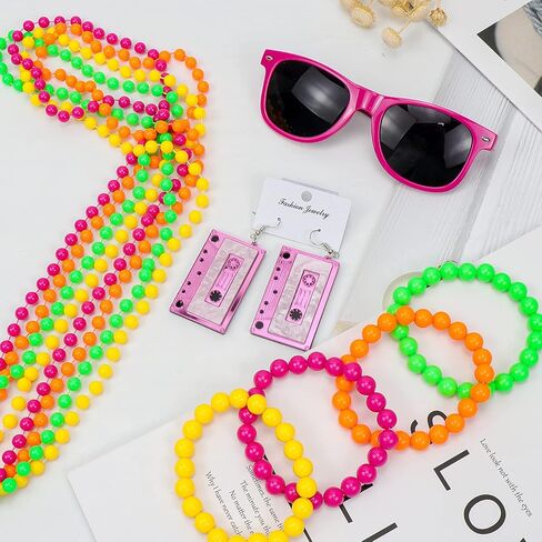 أزياء Hysagtek 80s للنساء، 16 قطعة من إكسسوارات 80s، أقراط ريترو 80s عقال سوار قلادة شبكة صيد السمك قفازات نظارات حقيبة ليزر in Kuwait