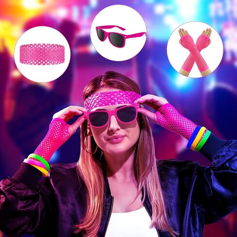 أزياء Hysagtek 80s للنساء، 16 قطعة من إكسسوارات 80s، أقراط ريترو 80s عقال سوار قلادة شبكة صيد السمك قفازات نظارات حقيبة ليزر in Kuwait