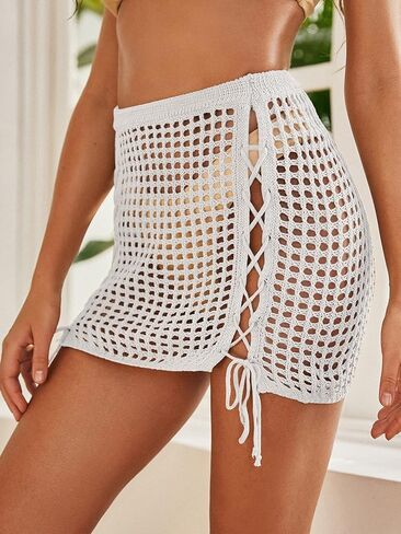 بدلة سباحة نسائية من Jumppmile مصنوعة من الكروشيه الشفاف للشاطئ وتنورة قصيرة بيكيني لتغطية التنورة in Kuwait