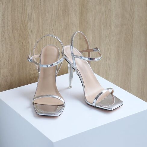 Zamikoo Women's High Heel Sandals, Ankle Strap Open Toe Heels, Square Toe Clear Stiletto Heeled Sandals 4 Inch in Saudi Arabia
