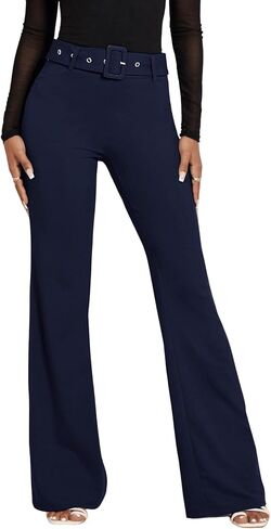 SweatyRocks Women's Casual High Waist Flare Wide Leg Pants Buckle Belted Long Trousers Pants in Saudi Arabia