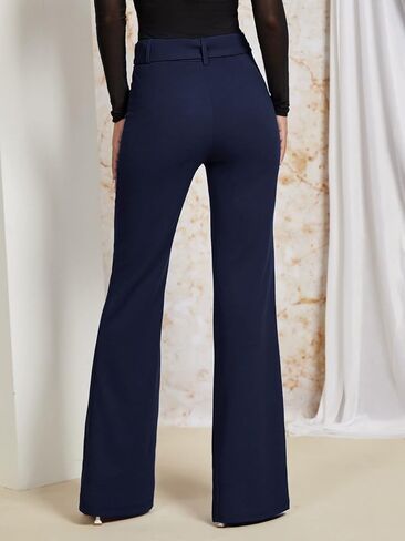 SweatyRocks Women's Casual High Waist Flare Wide Leg Pants Buckle Belted Long Trousers Pants in Saudi Arabia
