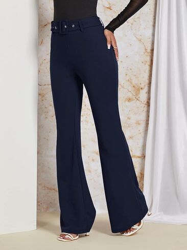 SweatyRocks Women's Casual High Waist Flare Wide Leg Pants Buckle Belted Long Trousers Pants in Saudi Arabia