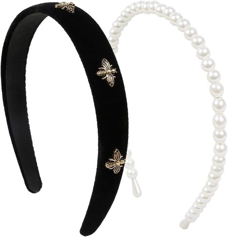 TERSE Black Velvet Headband for Women White Pearl Head Band Cute Designer Headband Fashion Hair Accessories Vintage Women Holiday Headbands Elastic Hair Bands for Women's Hair in Kuwait