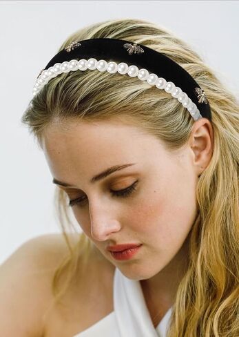 TERSE Black Velvet Headband for Women White Pearl Head Band Cute Designer Headband Fashion Hair Accessories Vintage Women Holiday Headbands Elastic Hair Bands for Women's Hair in Kuwait