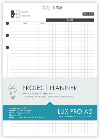 LUX PRO A5: Standard 6 Month Set – LUX Productivity Refill Pack - Planner Page Inserts - Compatible with The LUX PRO A5 6-Ring Binder Organizer in Saudi Arabia