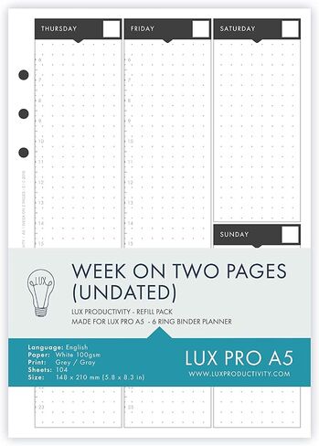 LUX PRO A5: Standard 6 Month Set – LUX Productivity Refill Pack - Planner Page Inserts - Compatible with The LUX PRO A5 6-Ring Binder Organizer in Saudi Arabia
