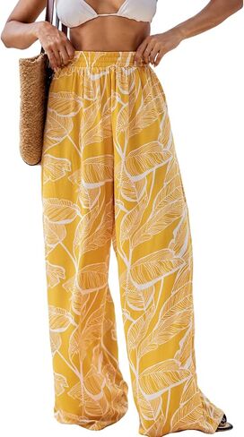CUPSHE Women Pants Sunshine Tropics Elastic Waist Straight Leg Long Pant Wide Leg Pant Casual Beach in Saudi Arabia