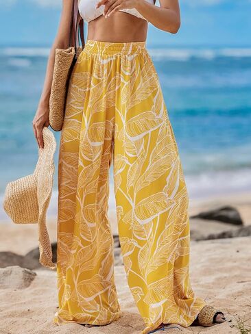 CUPSHE Women Pants Sunshine Tropics Elastic Waist Straight Leg Long Pant Wide Leg Pant Casual Beach in Saudi Arabia