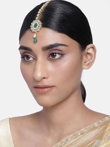 I Jewels مطلي بالذهب الهندي لحفلات الزفاف بوليوود كوندان ومرصع بالأحجار ماانج تيكا للنساء in Saudi Arabia