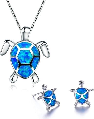 Opal Sea Turtle Necklace Earrings Set for Women Girls Hypoallergenic Delicate Cute Ocean Animal Blue Birthstone Funny Small Stud Earrings for Her Birthday Holiday Christmas Fashion Jewelry Set Gifts in Saudi Arabia