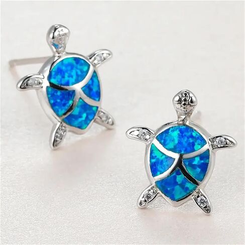 Opal Sea Turtle Necklace Earrings Set for Women Girls Hypoallergenic Delicate Cute Ocean Animal Blue Birthstone Funny Small Stud Earrings for Her Birthday Holiday Christmas Fashion Jewelry Set Gifts in Saudi Arabia