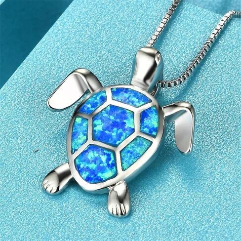 Opal Sea Turtle Necklace Earrings Set for Women Girls Hypoallergenic Delicate Cute Ocean Animal Blue Birthstone Funny Small Stud Earrings for Her Birthday Holiday Christmas Fashion Jewelry Set Gifts in Saudi Arabia