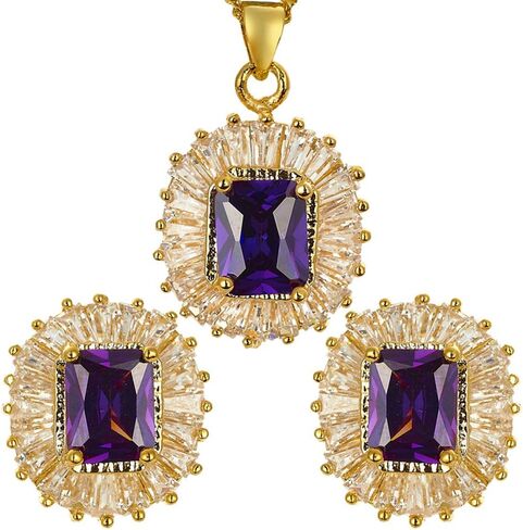 RIZILIA Jewelry Set Pendant with 18" Chain & Stud Earrings Rectangular Cut CZ [5 Colours available] in Yellow Gold Plated, Simple Modern Elegant in Saudi Arabia