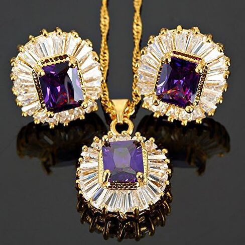 RIZILIA Jewelry Set Pendant with 18" Chain & Stud Earrings Rectangular Cut CZ [5 Colours available] in Yellow Gold Plated, Simple Modern Elegant in Saudi Arabia