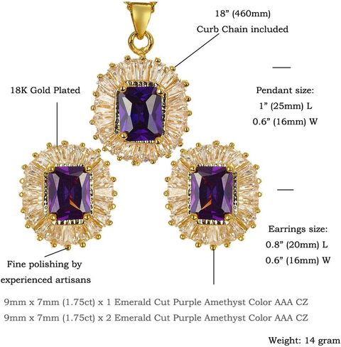RIZILIA Jewelry Set Pendant with 18" Chain & Stud Earrings Rectangular Cut CZ [5 Colours available] in Yellow Gold Plated, Simple Modern Elegant in Saudi Arabia
