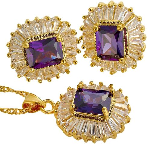 RIZILIA Jewelry Set Pendant with 18" Chain & Stud Earrings Rectangular Cut CZ [5 Colours available] in Yellow Gold Plated, Simple Modern Elegant in Saudi Arabia