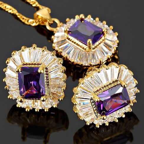 RIZILIA Jewelry Set Pendant with 18" Chain & Stud Earrings Rectangular Cut CZ [5 Colours available] in Yellow Gold Plated, Simple Modern Elegant in Saudi Arabia