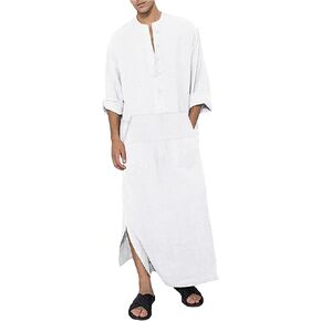 Men's Kaftan Robe Islamic Muslim Long Sleeve Gown Thobe Button Down Side Split with Pockets