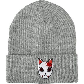 Demon Slayer Tanjiro Earring Embroidered Plain Black Cuffed Knitted Winter Beanie Hat
