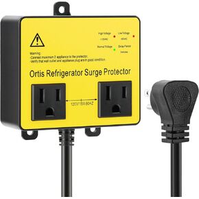 Refrigerator Surge Protector, Ortis Double Outlet Voltage Protector for Home Appliances with Time Delay, Protects Against Brownout, Spike, Instant Surge All Voltage Abnormalities, Yellow