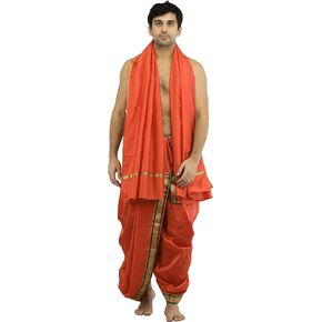Ready to Wear Dhoti and Angavastram Set with Woven Golden Border - Art Silk