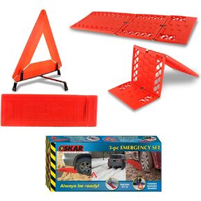 Koolatron Oskar 3 Piece Emergency Kit, Red, Vehicle Roadside Assistance Set with Folding Tire Traction Mats and Reflective Warning Triangle for Accidents, Snow, Ice, Slush, Mud, Sand, Car, SUV, Truck