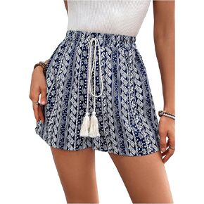 SweatyRocks Women's Boho Tribal Print Drawstring Waist Shorts Wide Leg Fringe Knot Front Loose Shorts