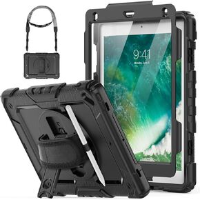 HXCASEAC Case for iPad Pro 9.7, Air 2, 9.7 inch 6th/5th Gen 2018/2017/2016/2014 with Screen Protector/Pencil Holder/ 360 Rotating Hand Strap Stand, Full Body Protective Cover for iPad 9.7 - Black