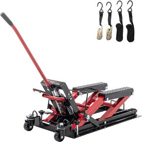 Hydraulic Motorcycle Lift Jack, Portable Motorcycle Scissor Lift Table with 4 Wheels, 1500 Lbs Capacity 4.5"-15" Lifting Range, for ATV Utv Powersports Red