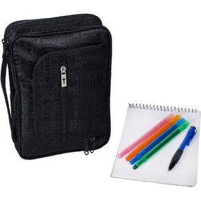 Black Books of Bible Front Pocket Heavy Duty Jacquard Bible Cover Case with Notepad, X-Large