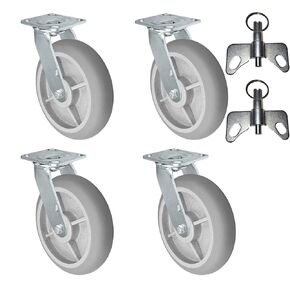 CasterHQ - 8" X 2" Swivel Drywall Cart Casters - Set of 4 w/ 2 Swivel Locks - TPR Wheel - 700lbs Each / 2800 lbs Set of 4