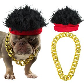 Dog Costume Set Hip Hop Wig Cap and Gold Dog Chain Collar Adjustable Dog Costumes Cool Cosplay Accessories for Medium to Large Pet Birthday Holiday Party Daily Life