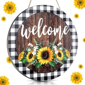 Jetec Sunflower Kitchen Decor Summer Welcome Hanging Sign Door Decor Sunflower Door 12 x 12 Inches Front Door Round Wooden Art Wreath Rustic Hanging Sign for Bedroom Restaurant Shop Home Decorations