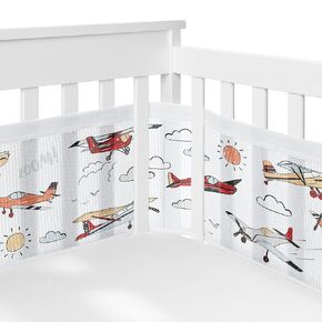 Sweet Jojo Designs + BreathableBaby Vintage Airplane Boy Breathable Mesh Crib Liner Baby and Infant Yellow Orange Red White Blue Airplanes Air Plane Transportation Clouds Sun Sky Aviator