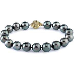 The Pearl Source 14K Gold 8-9mm AAAA Quality Round Black Tahitian South Sea Cultured Pearl Bracelet for Women