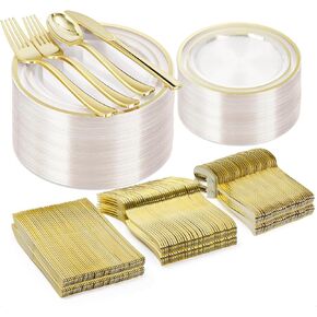 150PCS Clear Gold Plastic Plate Set (25 Guests), Plastic Plates for Party Wedding Birthday, Disposable Dinnerware Set of 50 Plastic Plates, 50 Forks, 25 Spoons, 25 Knives