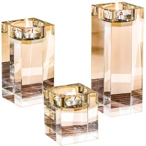 Candle Holders Set of 3, 2.3/3.9/5.5 inches Elegant Heavy Crystal Cuboid Tealight Holder Clear Square Glass Candle Holder Centerpiece and Home Decoration